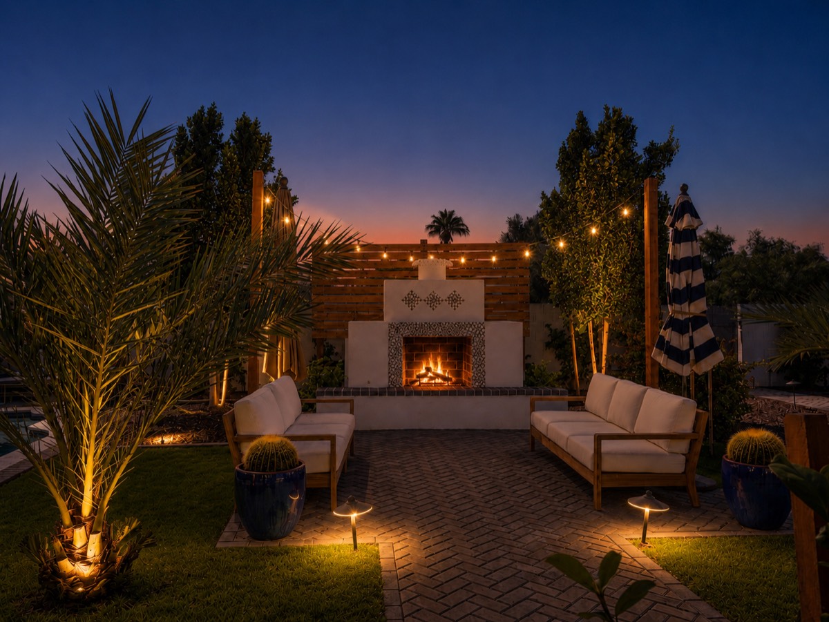 The same terrace at dusk with the fire lit, string lights overhead and uplit palms, an AI-generated lighting concept.