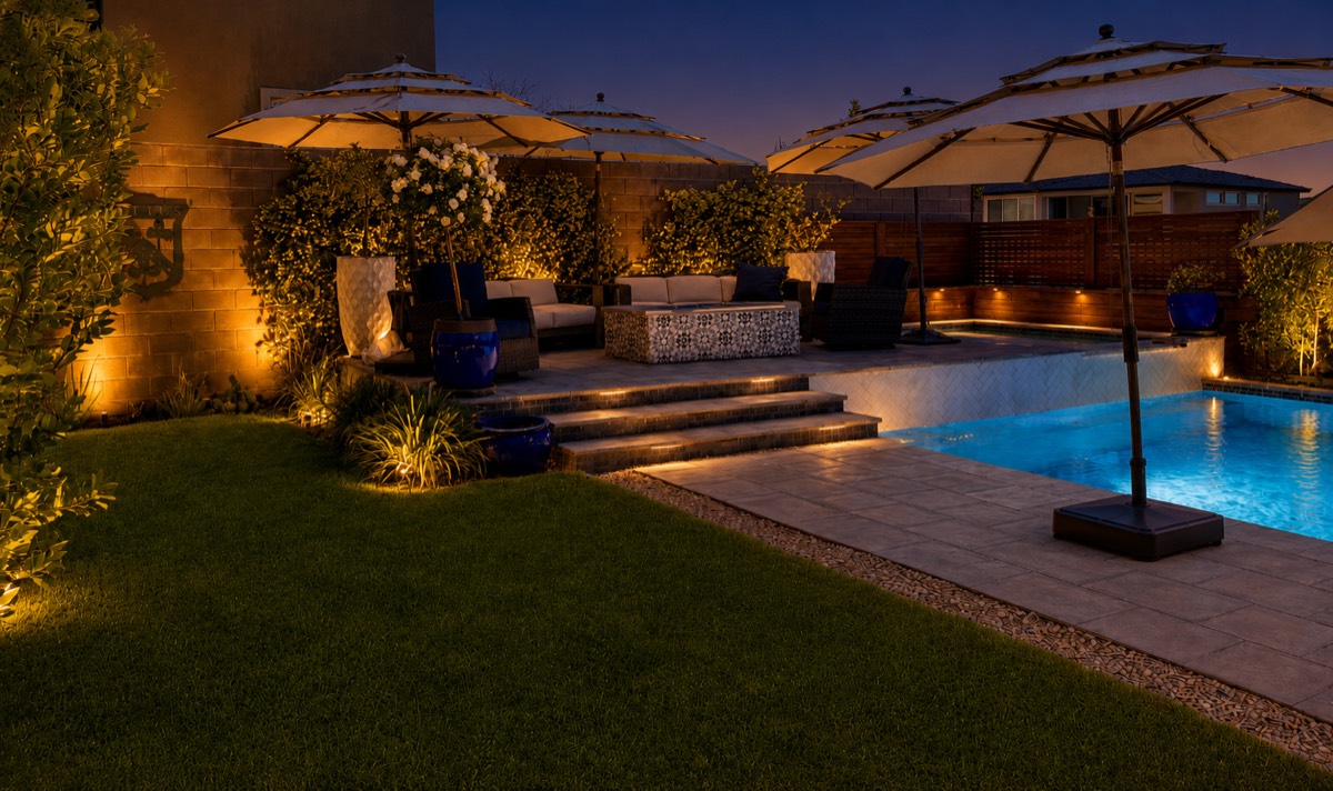 The same backyard shown at dusk with landscape lighting, generated by YardGlow AI as a design concept.